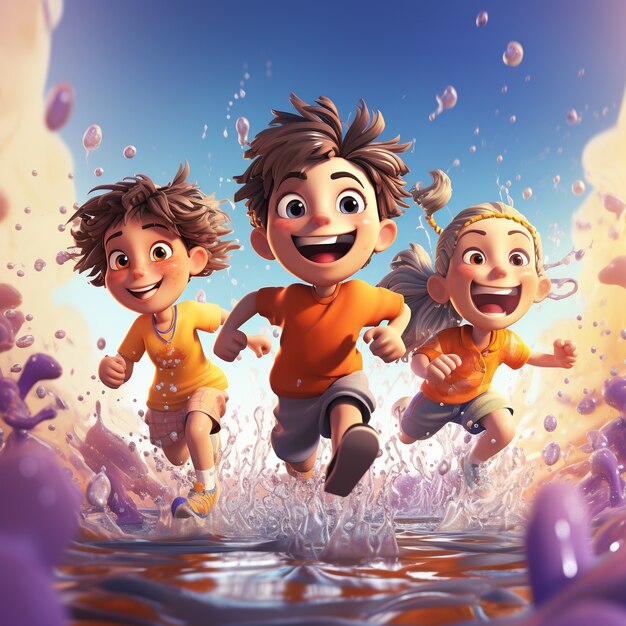 Vista dei bambini 3d che corrono in acqua