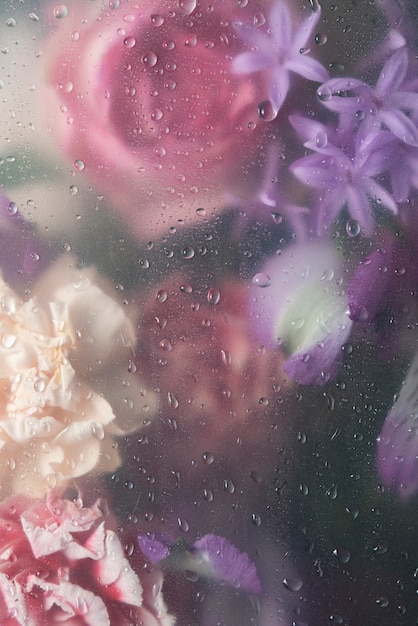 Vista dei fiori attraverso il vetro condensato