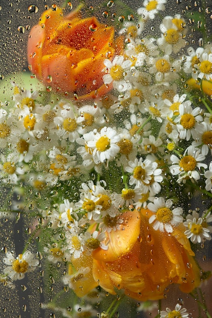 Vista dei fiori dietro il vetro con gocce d'acqua