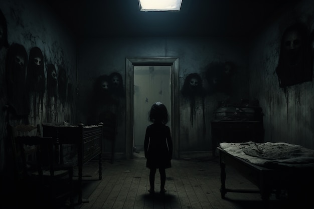 Vista del bambino in una stanza buia che guarda cose spaventose
