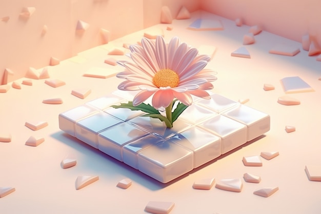 Vista del bellissimo fiore 3d sul letto quadrato rialzato