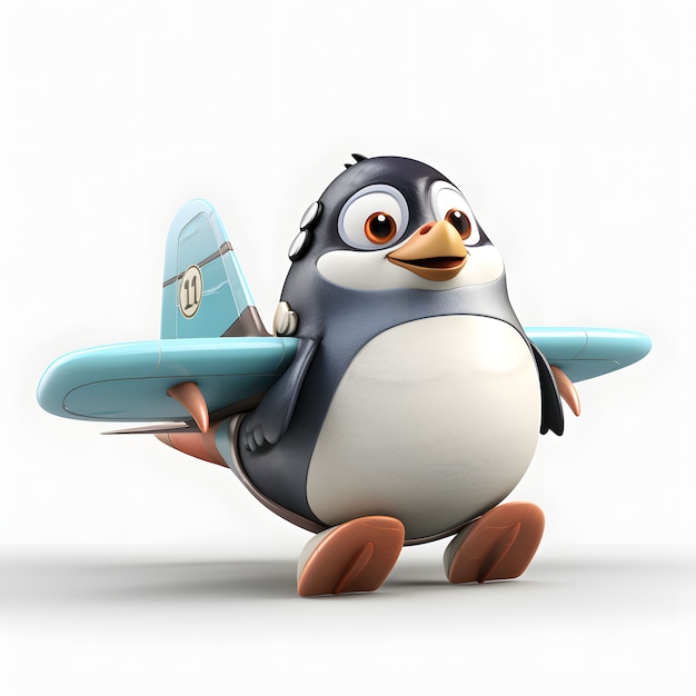 Vista del cartone animato animato 3d pinguino aviatore