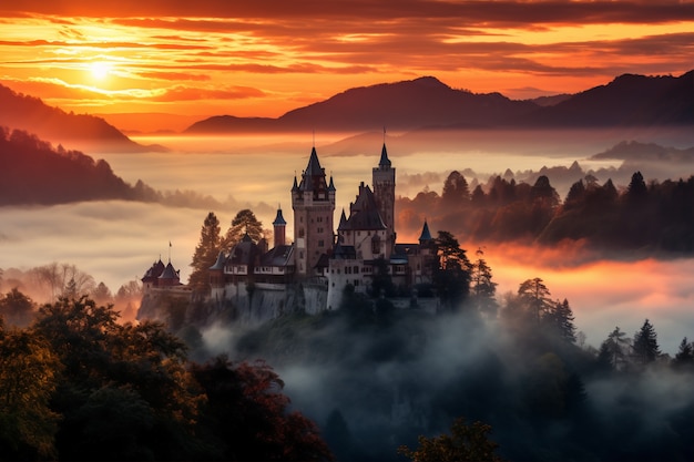 Vista del castello con nebbia e paesaggio naturale