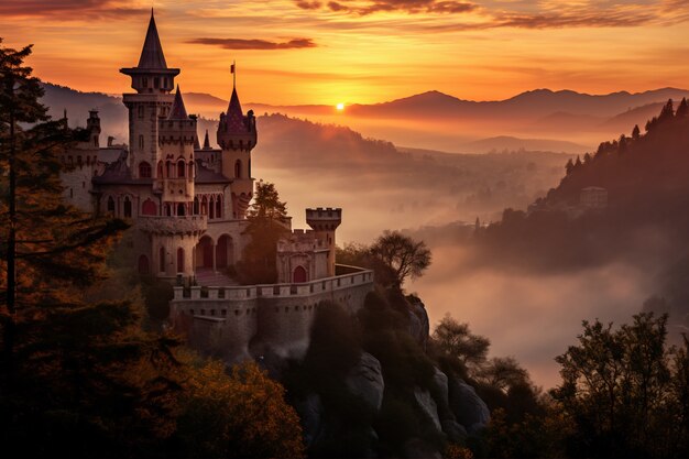 Vista del castello con nebbia e paesaggio naturale