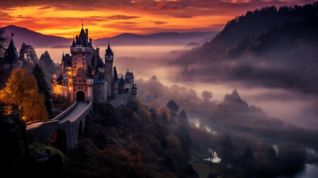 Vista del castello con nebbia e paesaggio naturale