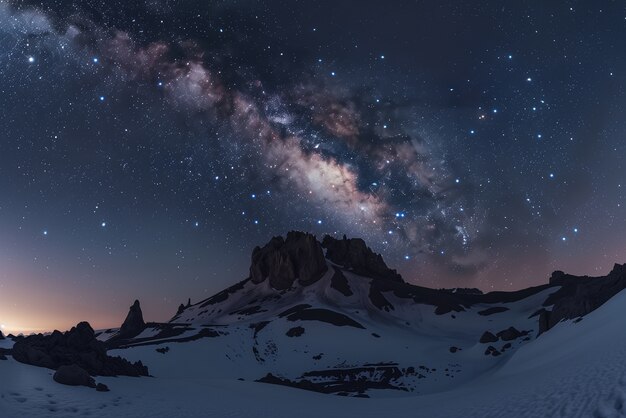 Vista del cielo stellato notturno con paesaggio naturale e montuoso
