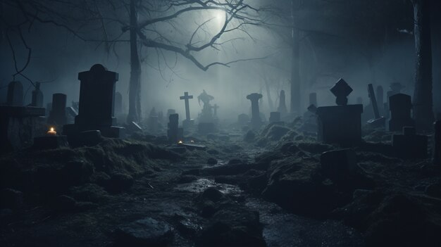 Vista del cimitero spaventoso di notte al chiaro di luna