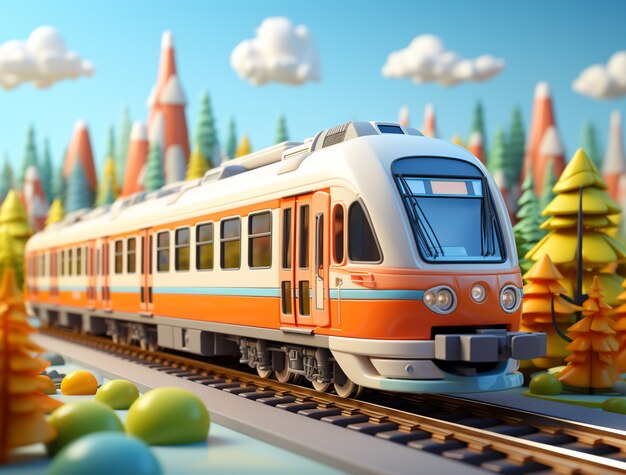 Vista del colorato modello di treno 3d con paesaggi naturali