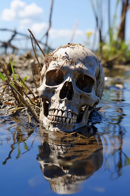 Vista del cranio scheletrico che emerge dall'acqua
