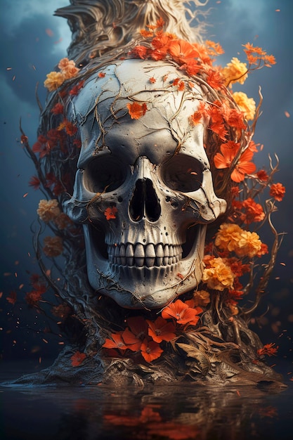 Vista del cranio scheletro umano con fiori