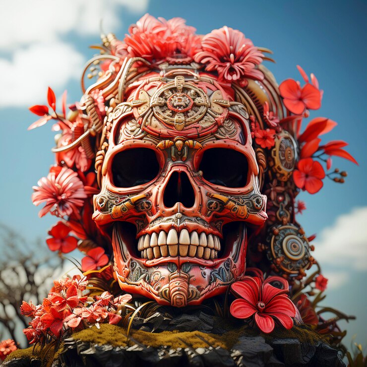 Foto gratuito vista del cranio scheletro umano con fiori