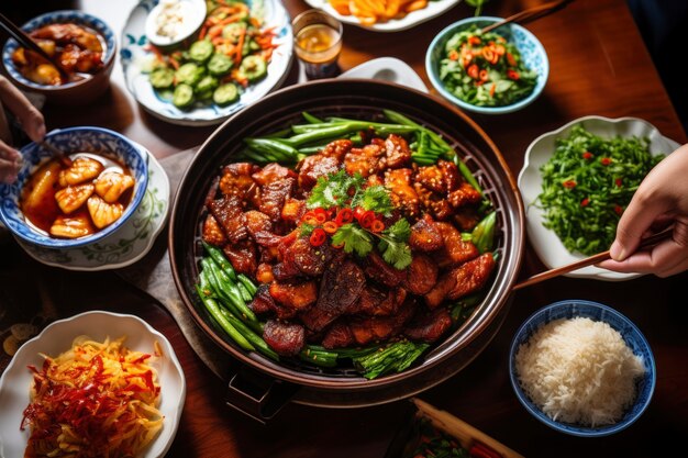 Vista del delizioso cibo per la cena di riunione del Capodanno cinese