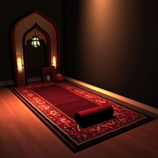 Vista del luogo 3d con tappetino per pregare