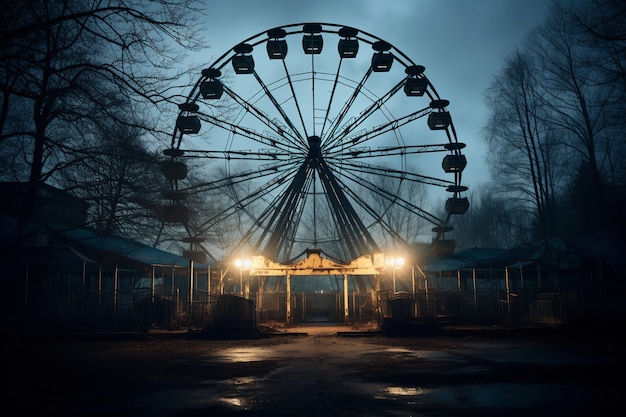 Vista del parco divertimenti spaventoso di notte con la ruota panoramica