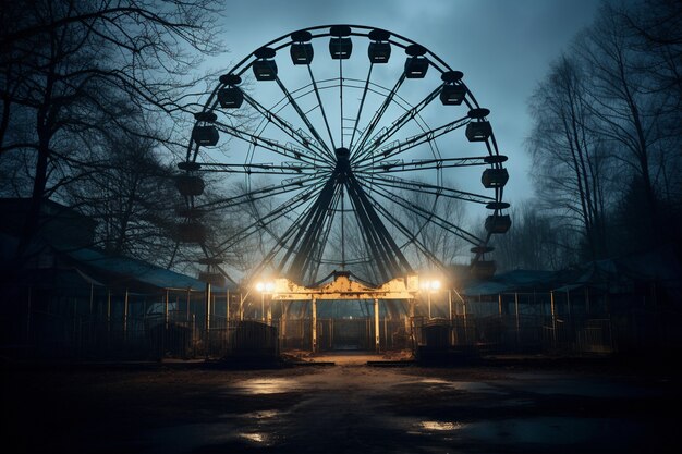 Vista del parco divertimenti spaventoso di notte con la ruota panoramica