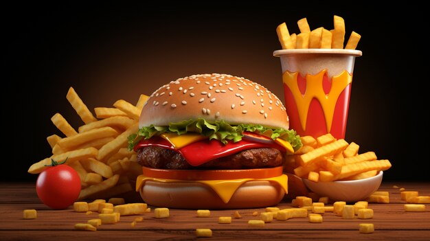 Vista del pasto dell'hamburger 3d con le patate fritte