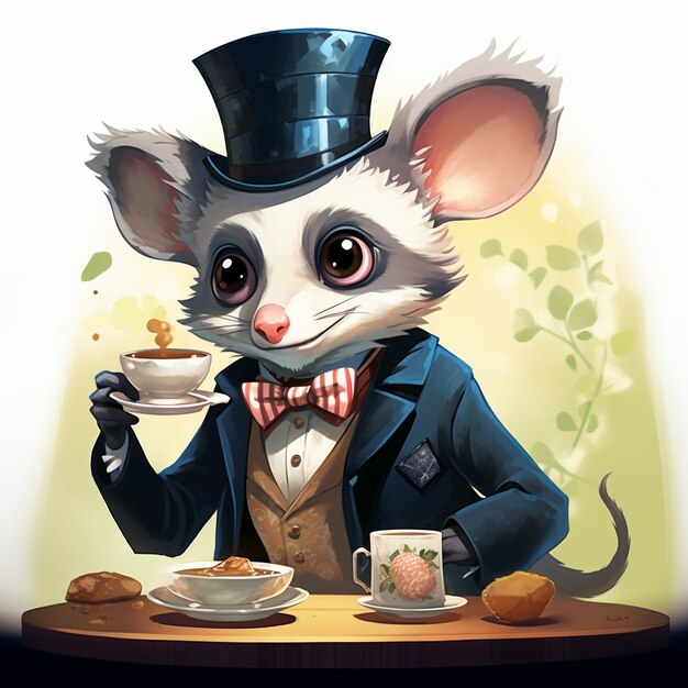 Vista del personaggio dei cartoni animati dell'opossum come aristocratico