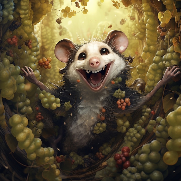 Vista del personaggio dei cartoni animati dell'opossum con l'uva