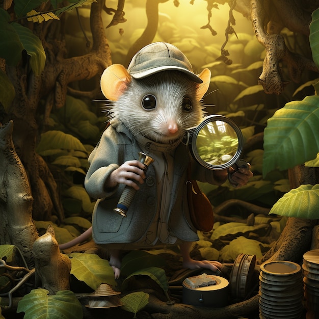 Vista del personaggio dei cartoni animati di opossum come detective