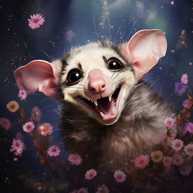 Vista del personaggio dei cartoni animati di opossum con fiori