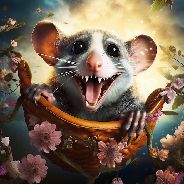 Vista del personaggio dei cartoni animati di opossum con fiori