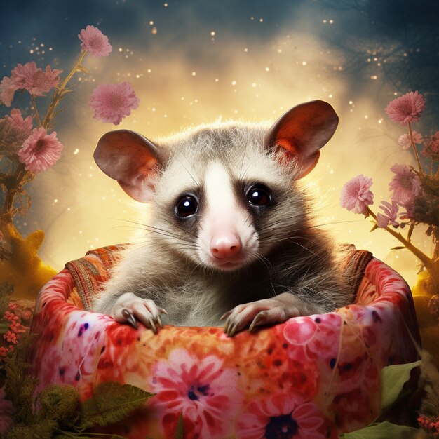 Vista del personaggio dei cartoni animati di opossum con fiori