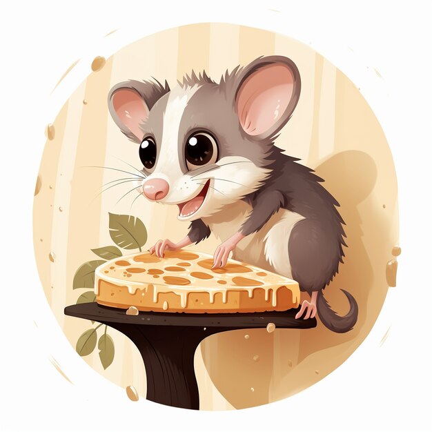 Vista del personaggio dei cartoni animati di opossum con una fetta di pizza