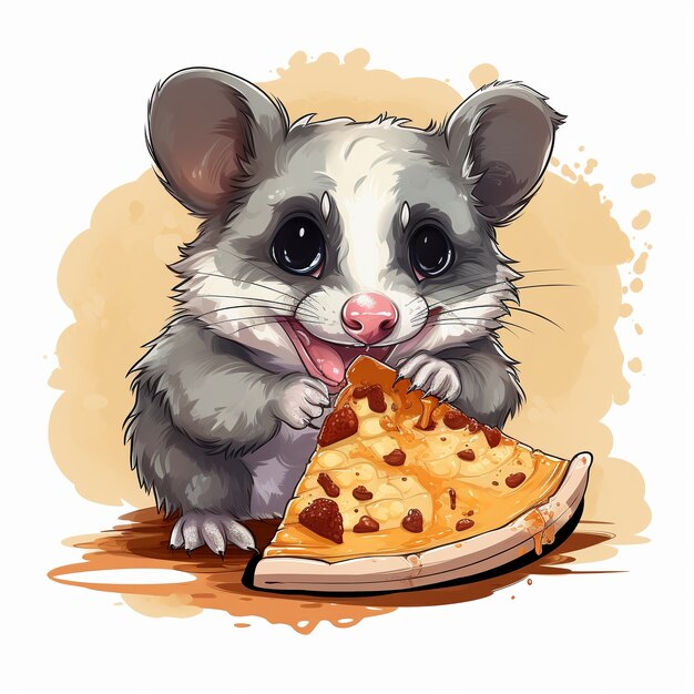 Vista del personaggio dei cartoni animati di opossum con una fetta di pizza