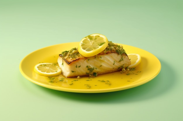 Vista del piatto di pesce mahi-mahi con fette di limone