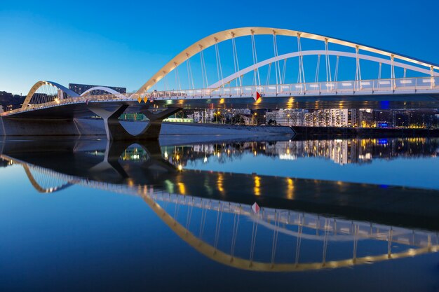 Vista del ponte Schuman di notte, Lione, Francia.