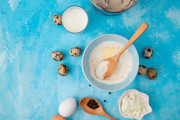 Vista del primo piano degli alimenti come uovo della ricotta della farina con latte su fondo blu con lo spazio della copia