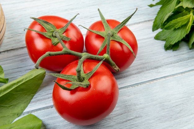 Vista del primo piano dei pomodori con spinaci e le foglie di menta verdi sulla tavola di legno