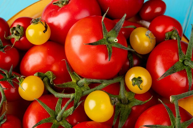 Vista del primo piano dei pomodori in ciotola sulla superficie del blu