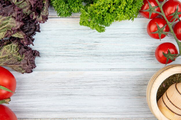 Vista del primo piano delle verdure come coriandolo del basilico del pomodoro con il frantoio dell'aglio sulla tavola di legno con lo spazio della copia