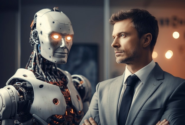 Vista del robot accanto all'uomo d'affari umano