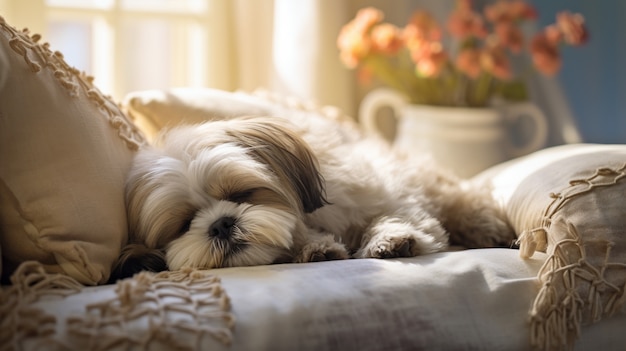 Vista del simpatico cane che dorme pacificamente