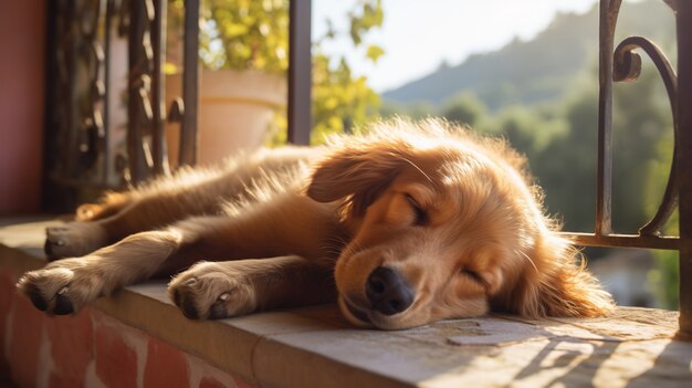 Vista del simpatico cane che dorme pacificamente