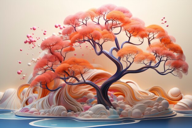 Vista dell'albero 3d con bellissime foglie rosa e sfondo astratto