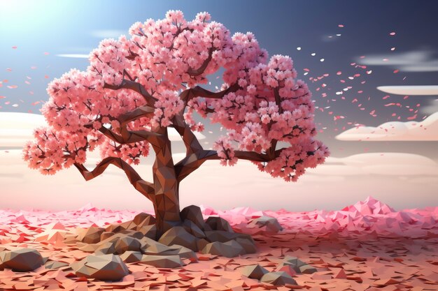 Vista dell'albero 3d con bellissime foglie rosa e sfondo del cielo