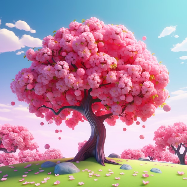 Vista dell'albero 3d con bellissime foglie rosa e sfondo del cielo