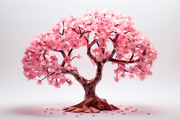 Vista dell'albero 3d con rami e foglie rosa