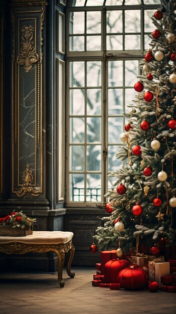 Vista dell'albero di Natale splendidamente decorato in casa