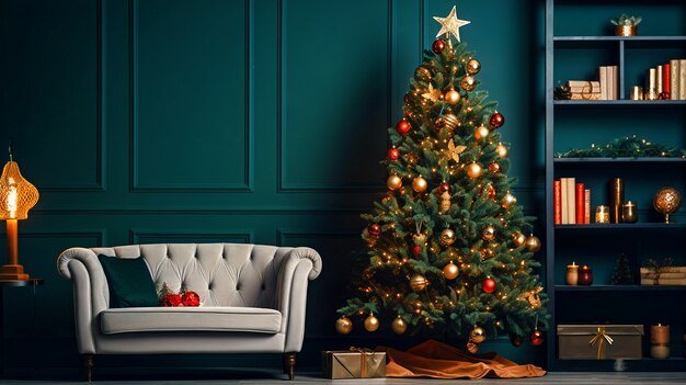 Vista dell'albero di Natale splendidamente decorato in casa