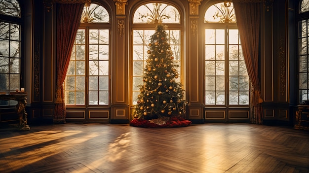 Vista dell'albero di Natale splendidamente decorato in casa