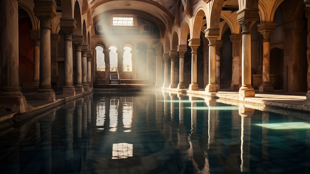 Vista dell'antico palazzo romano con piscina