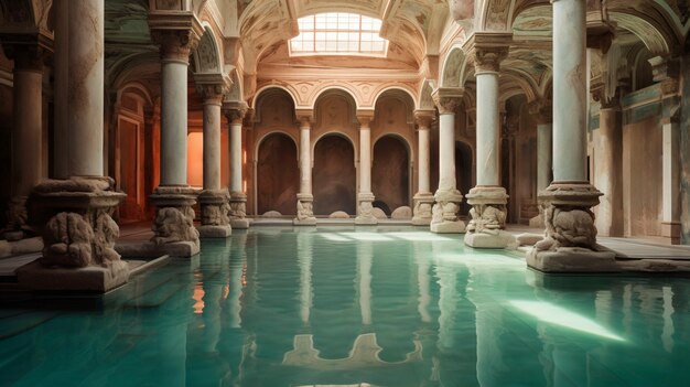 Vista dell'antico palazzo romano con piscina