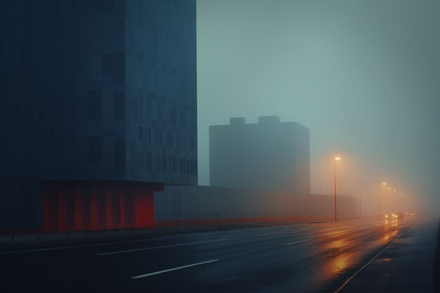 Vista dell'architettura della città con nebbia