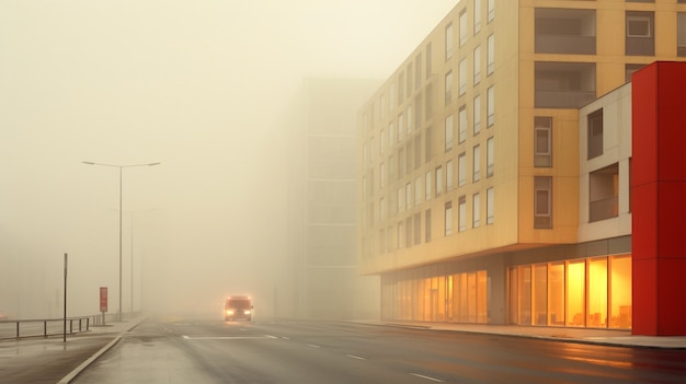 Vista dell'architettura della città con nebbia