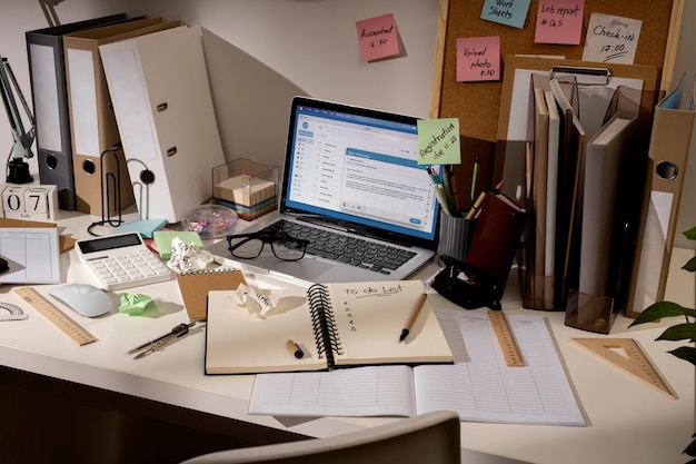 Vista dell'area di lavoro disordinata dell'ufficio con il computer portatile