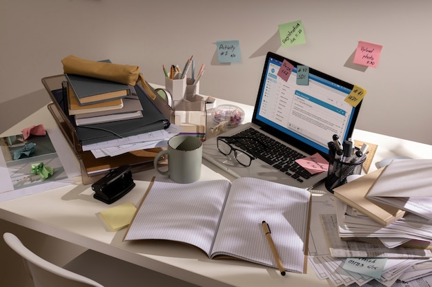 Vista dell'area di lavoro disordinata dell'ufficio con il computer portatile